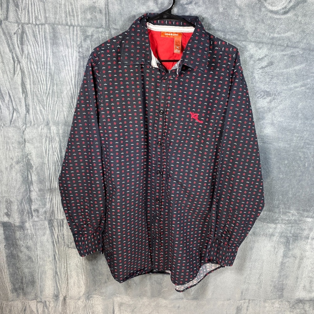 Vintage Rocawear Shirt Men XL Black All Over Print Button Up Red Logo Cotton Y2K